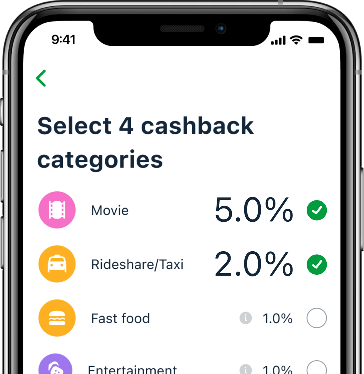 B9 app screen: select 4 cashback categories