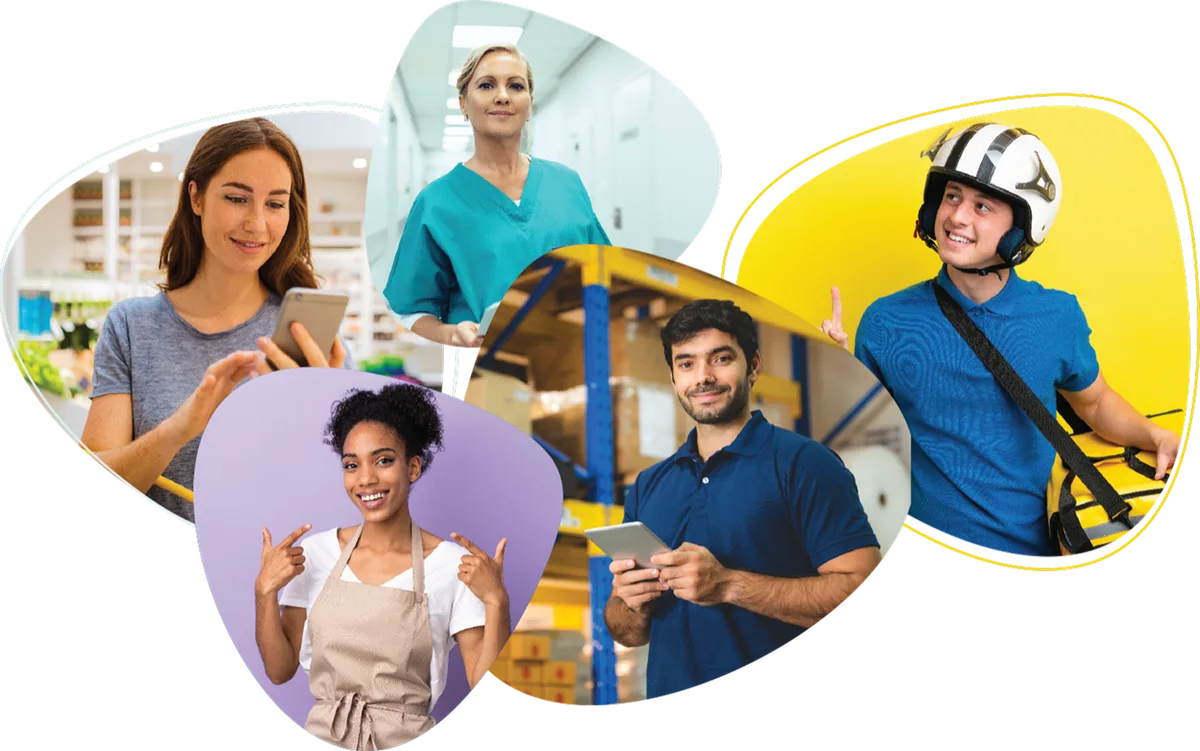 B9 members — a shop assistant, a nurse, a barista, a warehouse worker and a delivery rider