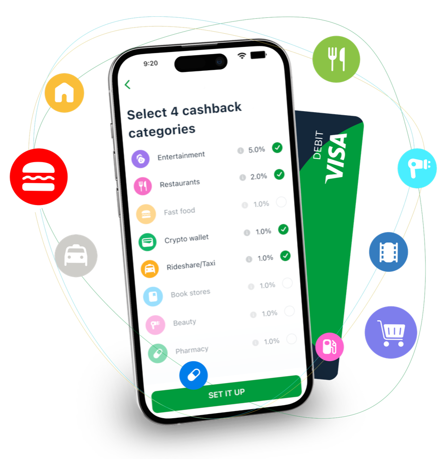 B9 app screen: select 4 cashback categories